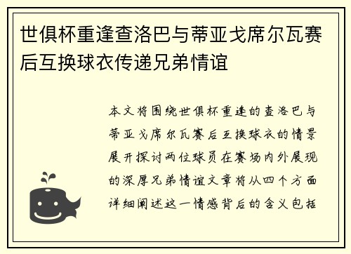世俱杯重逢查洛巴与蒂亚戈席尔瓦赛后互换球衣传递兄弟情谊