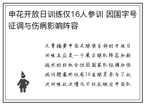 申花开放日训练仅16人参训 因国字号征调与伤病影响阵容