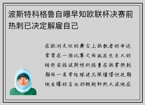 波斯特科格鲁自曝早知欧联杯决赛前热刺已决定解雇自己