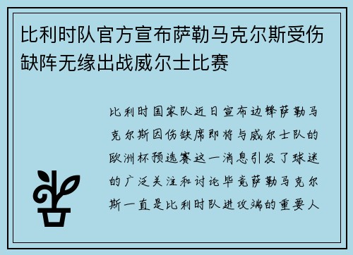 比利时队官方宣布萨勒马克尔斯受伤缺阵无缘出战威尔士比赛